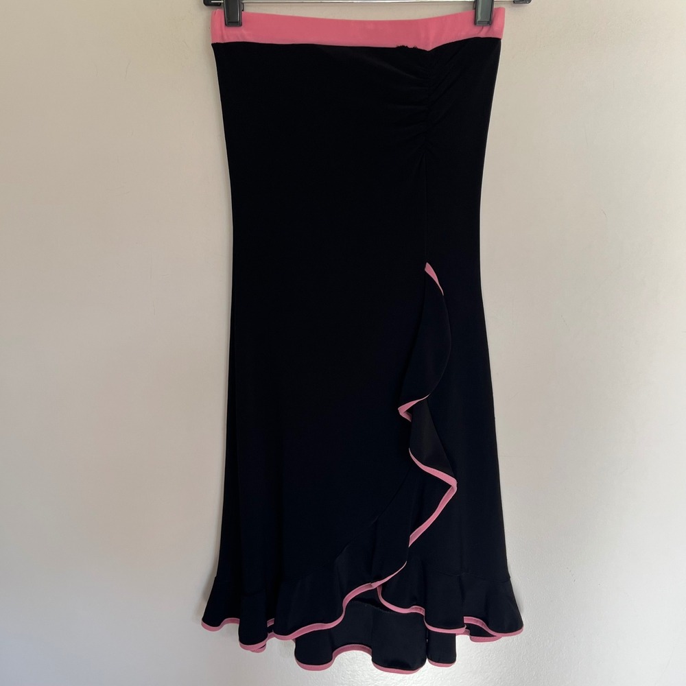Vintage Y2K‎ Capricho Black Pink Strapless Ruffle Midi Tube Dress Size Medium